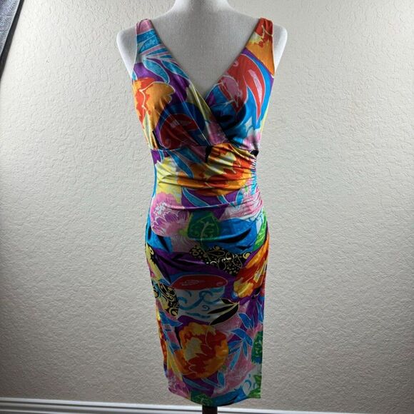 Lauren Ralph Lauren Vibrant Floral Sleeveless Ruched Bodycon Sheath Dress Sz 4 - Picture 1 of 11